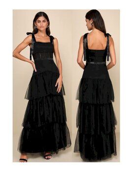 Lulus Enticing Mystique Black Tulle Tie-Strap Tiered Maxi Dress Size XS NWOT
